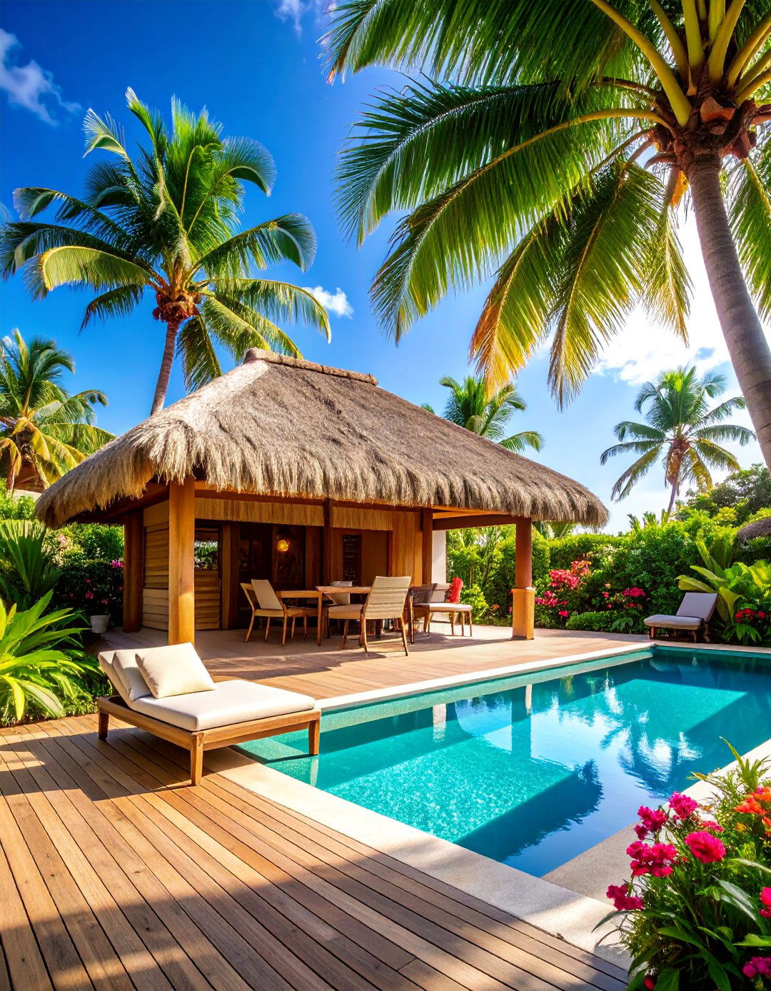 Tropical Resort Style Pool House with Thatched Roofing - 25 Pool House Ideas