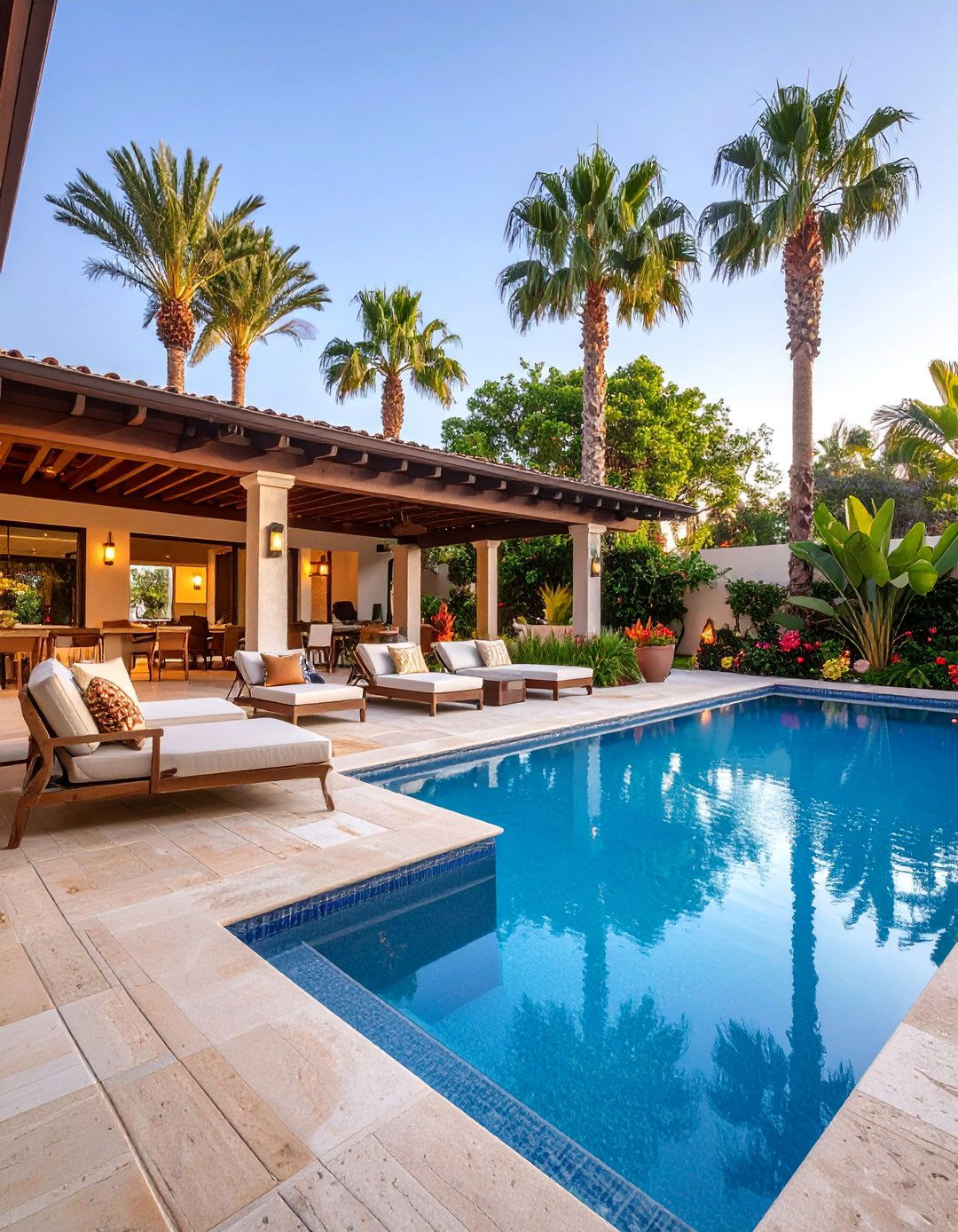 Tropical Resort Style Pool Landscape with Palm Groves - 25 Tropical Landscape Ideas