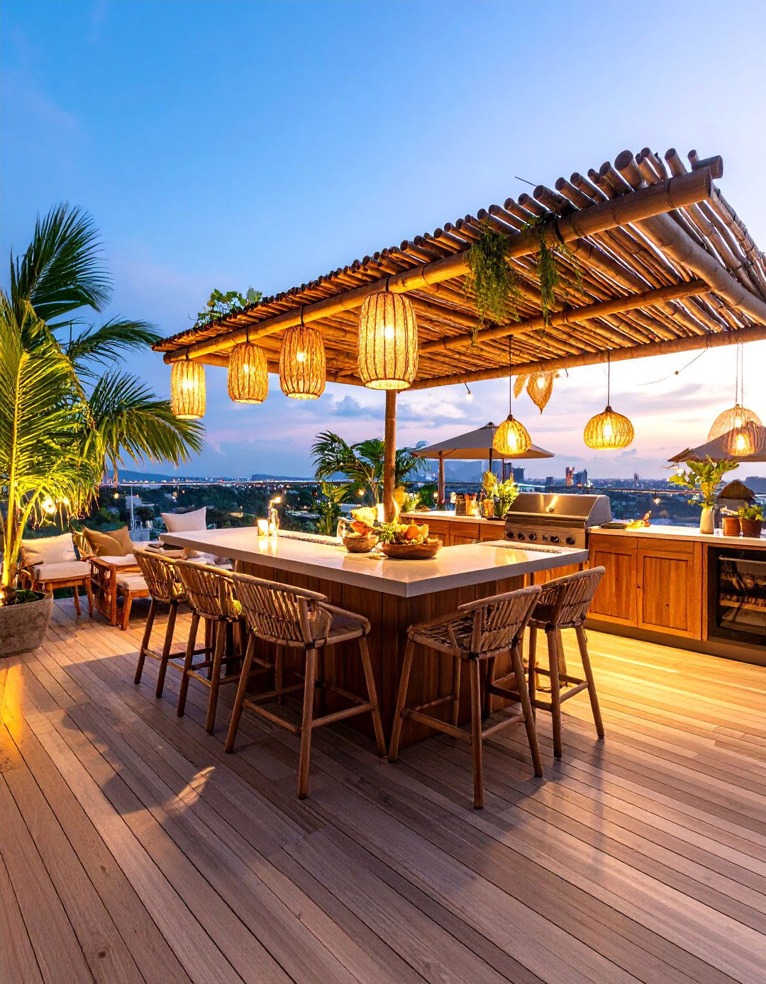 Tropical Rooftop Kitchen with Bamboo Pergola - 25 Rooftop Kitchen Ideas