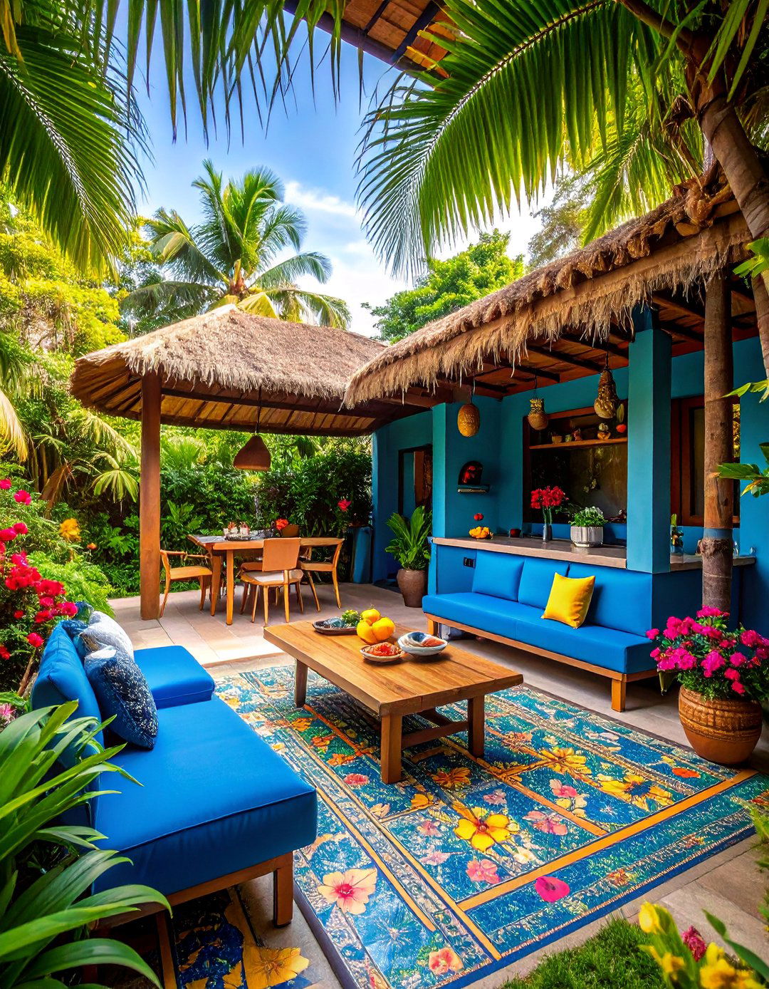 Tropical Stucco Outdoor Kitchen with Bamboo Ceiling - 25 Stucco Outdoor Kitchen Ideas