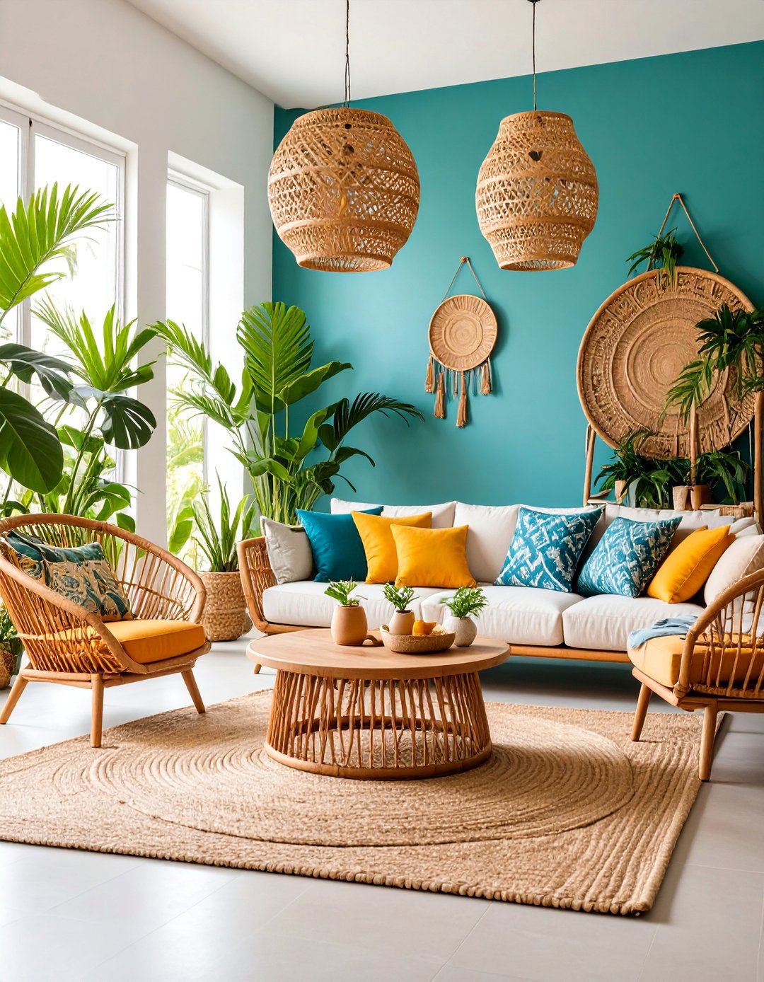 Tropical Sunken Living Room with Natural Fibers - 25 Sunken Living Room Ideas