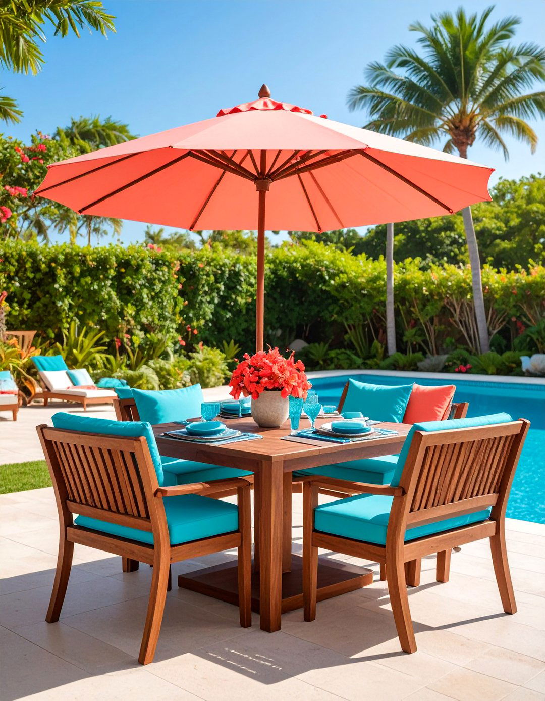 Tropical Teak Pool Dining Set with Natural Textures - 25 Pool Furniture Ideas