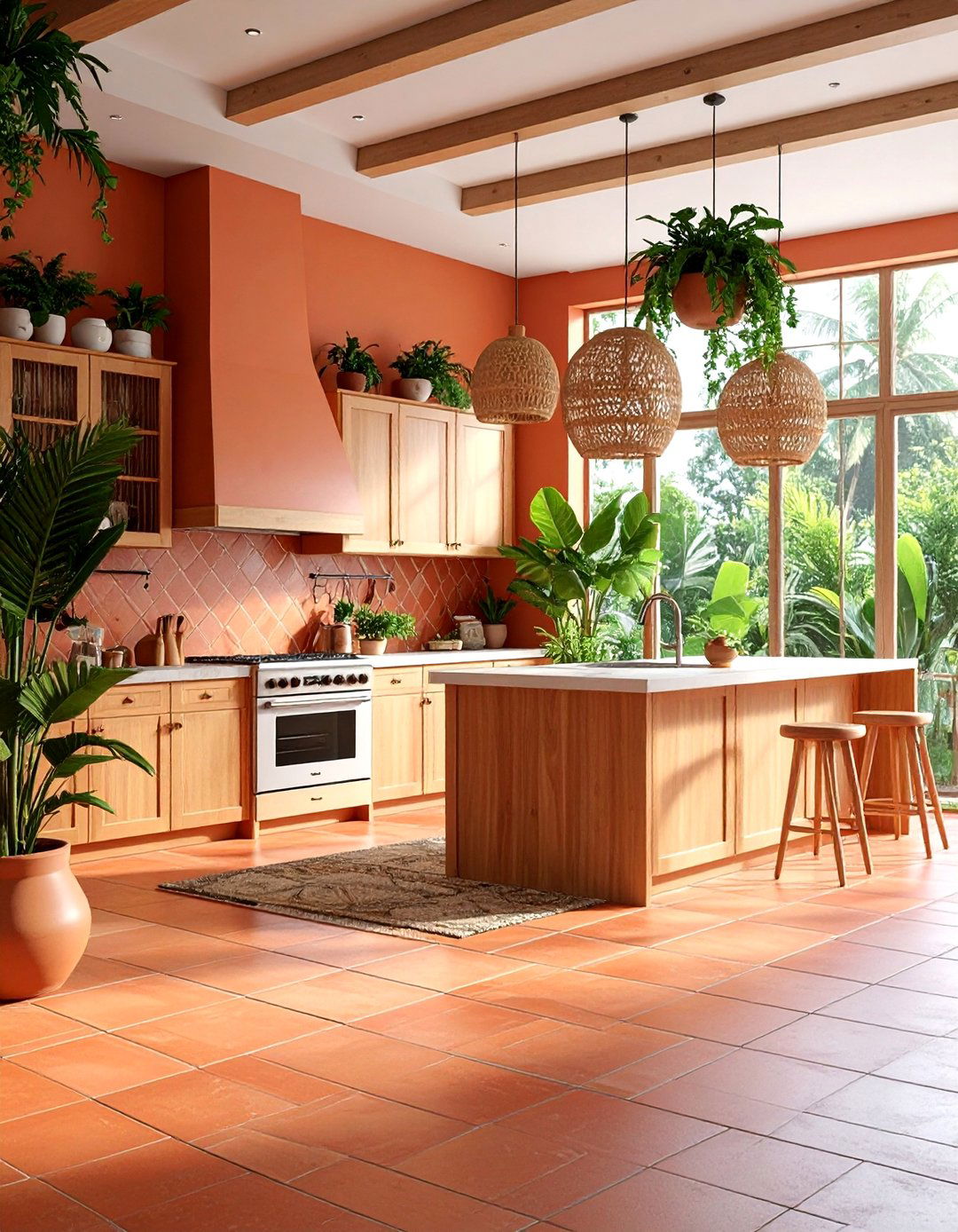 Tropical Terracotta Kitchen Floor with Indoor Palm Planters - 25 Terracotta Kitchen Floor Ideas