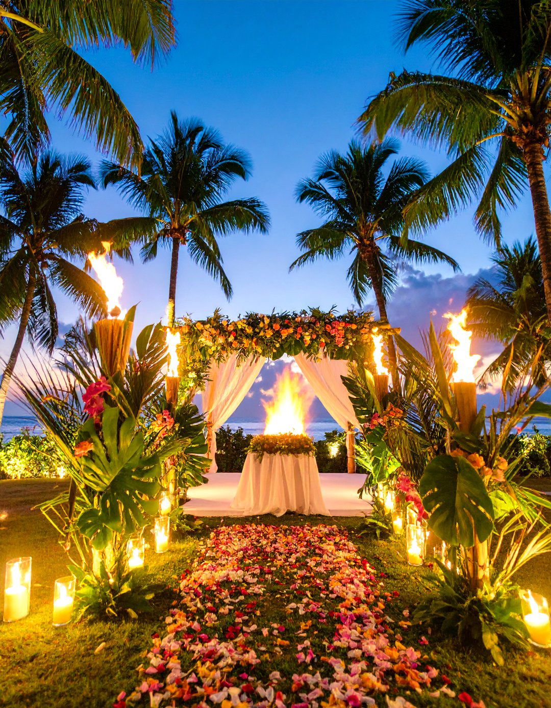 Tropical Wedding Altar with Palm Leaves and Bright Flowers - 25 Wedding Altar Ideas