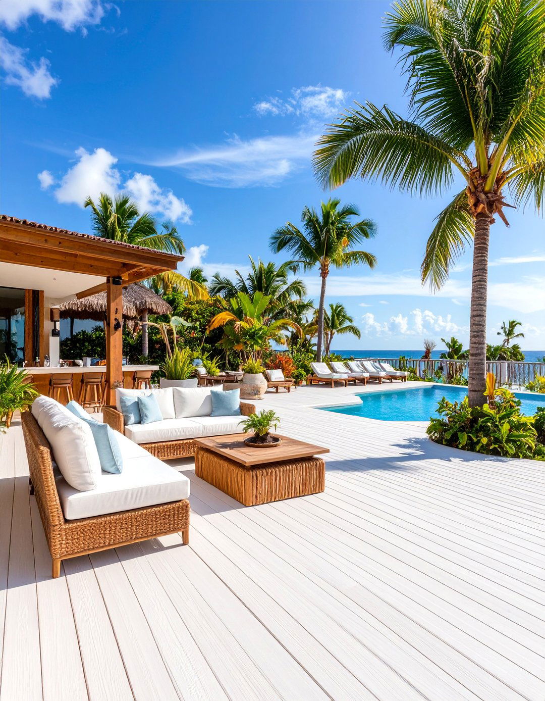 Tropical White Deck with Palm Inspired Landscaping - 25 White Deck Ideas