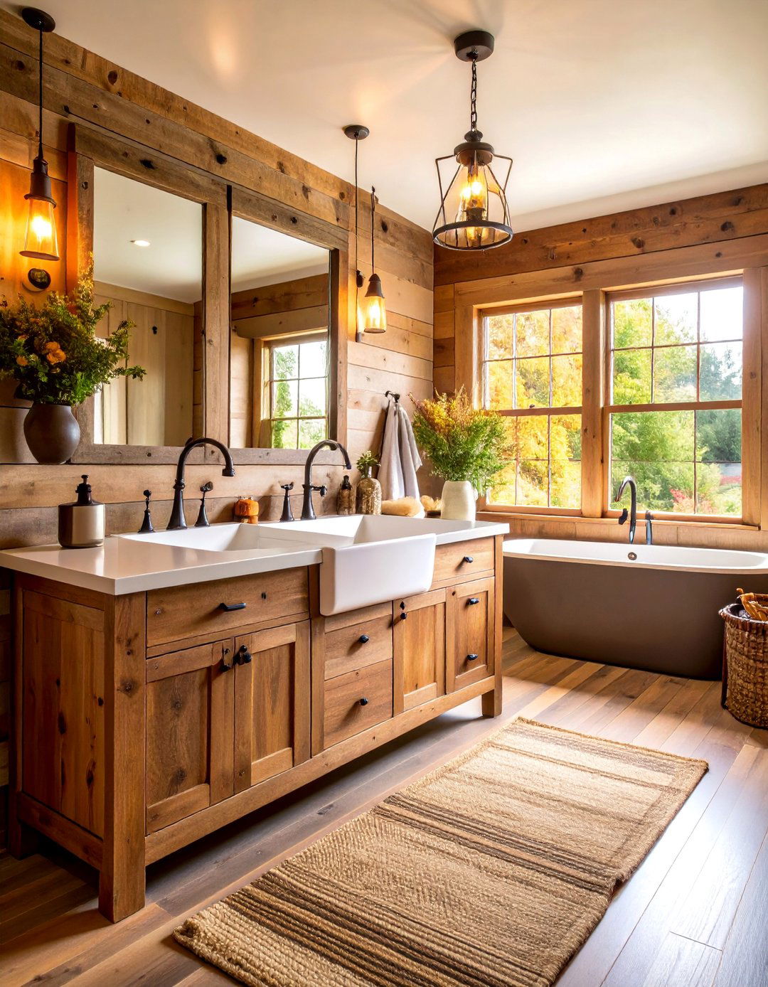 Trough Sink Farmhouse Bathroom with Multiple Faucets - 25 Country Bathroom Ideas