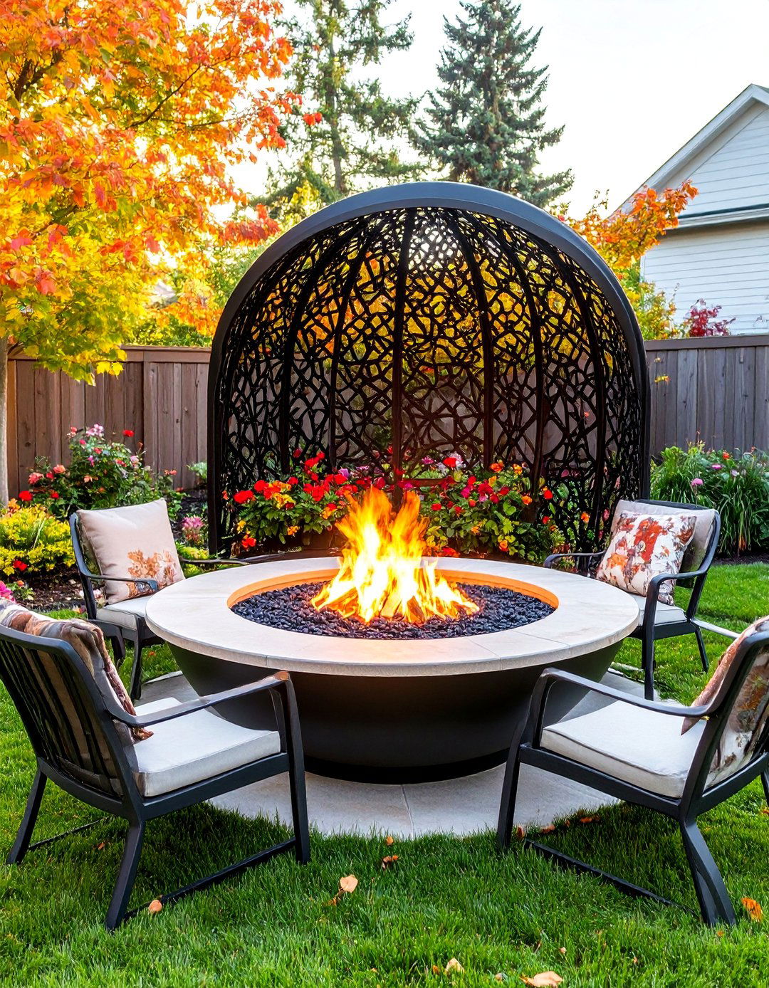 Truck Rim Fire Pit with Decorative Metalwork Screen - 25 Truck Rim Fire Pit Ideas