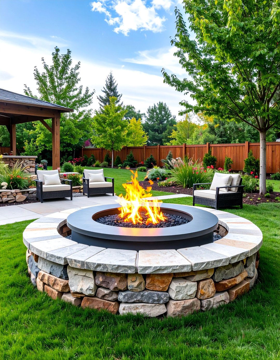 Truck Rim Fire Pit with Natural Stone Surround - 25 Truck Rim Fire Pit Ideas