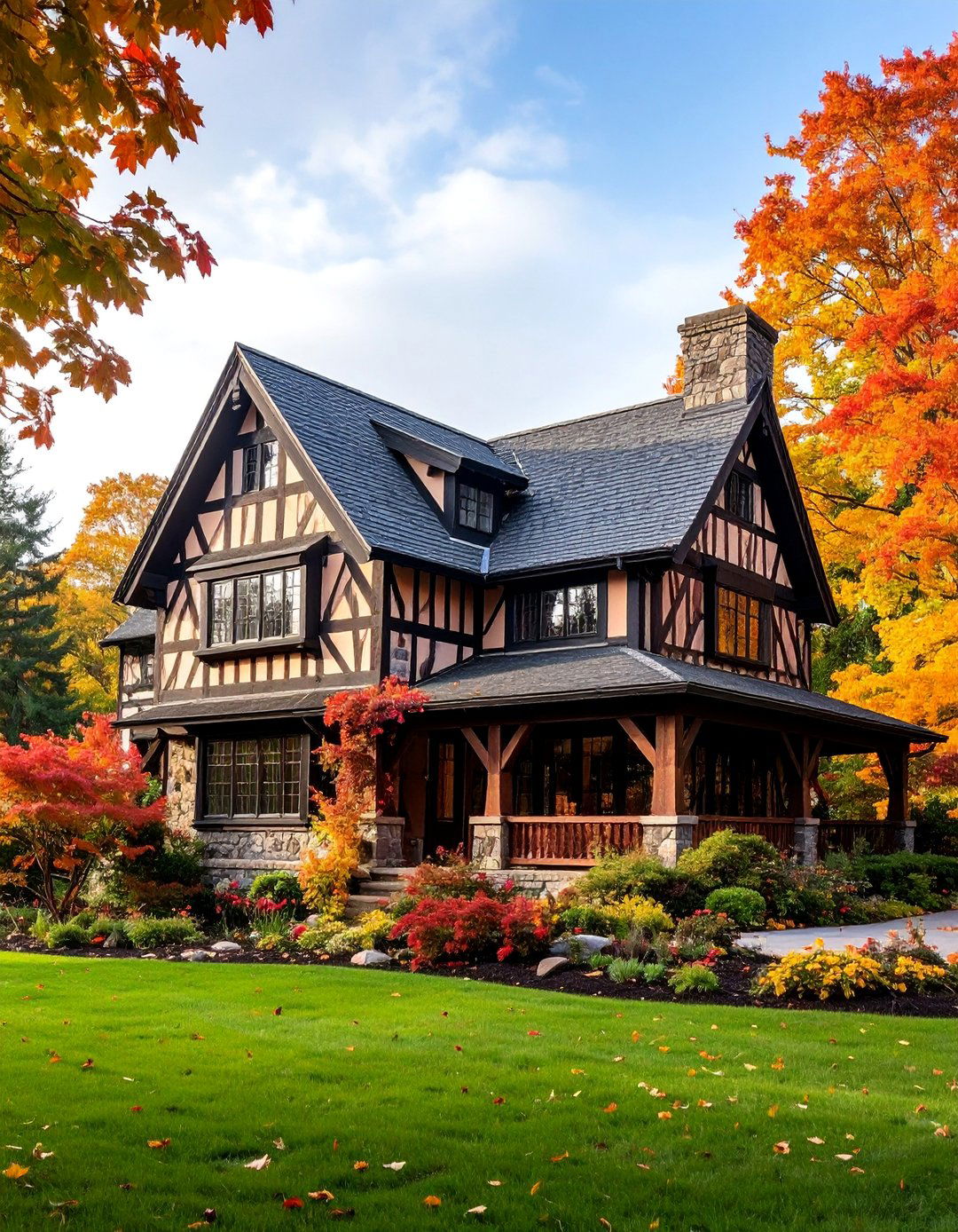 Tudor Revival Black House with Cedar Half Timbering - 25 Black House With Wood Accents