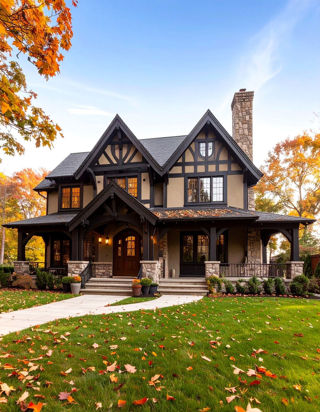 Tudor Revival Olive Green with Black Half Timber Accents - 25 Dark Olive Green House With Black Trim