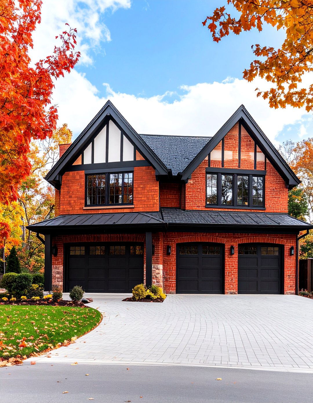 Tudor Revival Red Brick House with Black Half Timbering - 25 Red Brick House with Black Trim Design Ideas