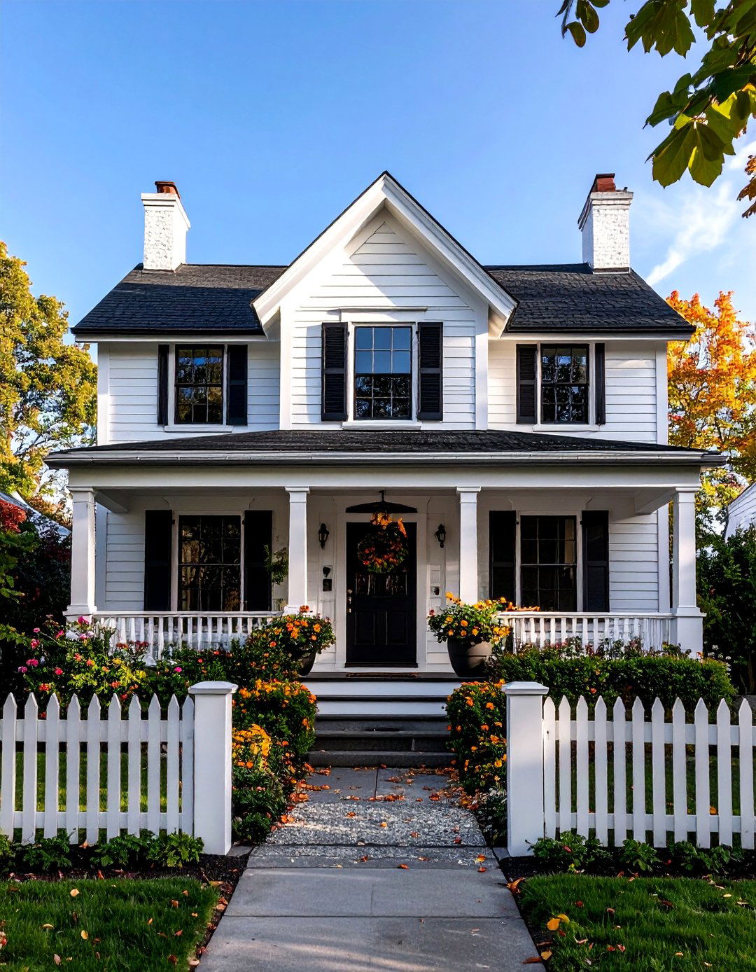 Tudor Revival with Black Half Timbering - 25 single story white house black trim