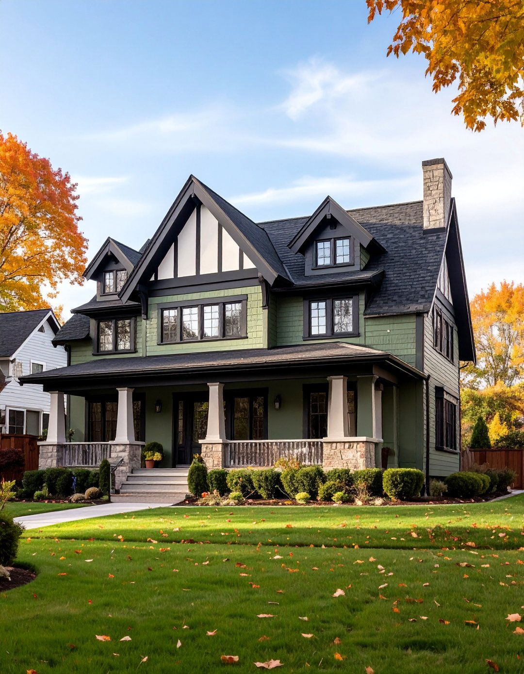 Tudor Revival with Black Trim Accents - 25 Dark Olive Green House Designs
