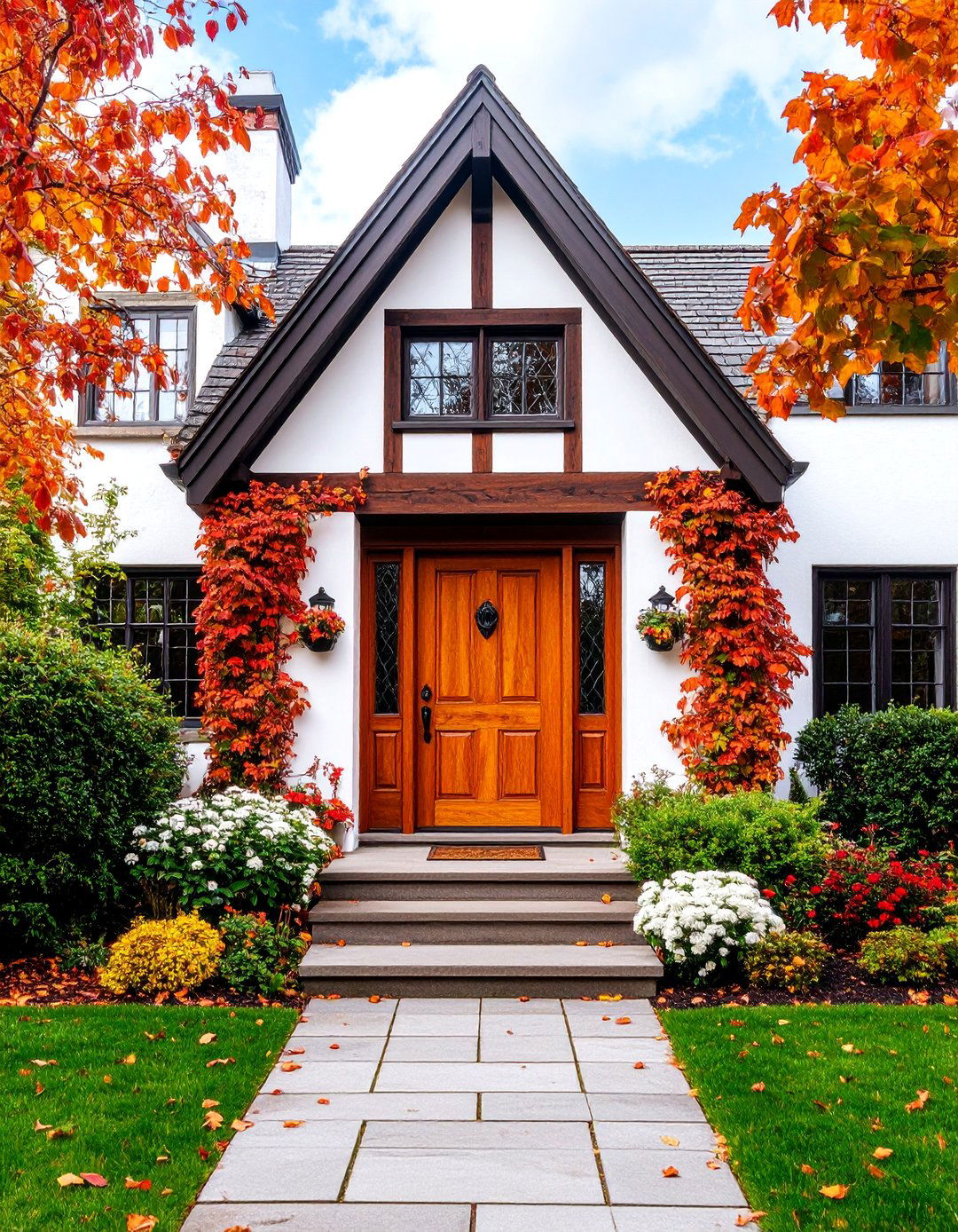 Tudor Revival with White Stucco and Dark Trim - 25 White Siding House Designs
