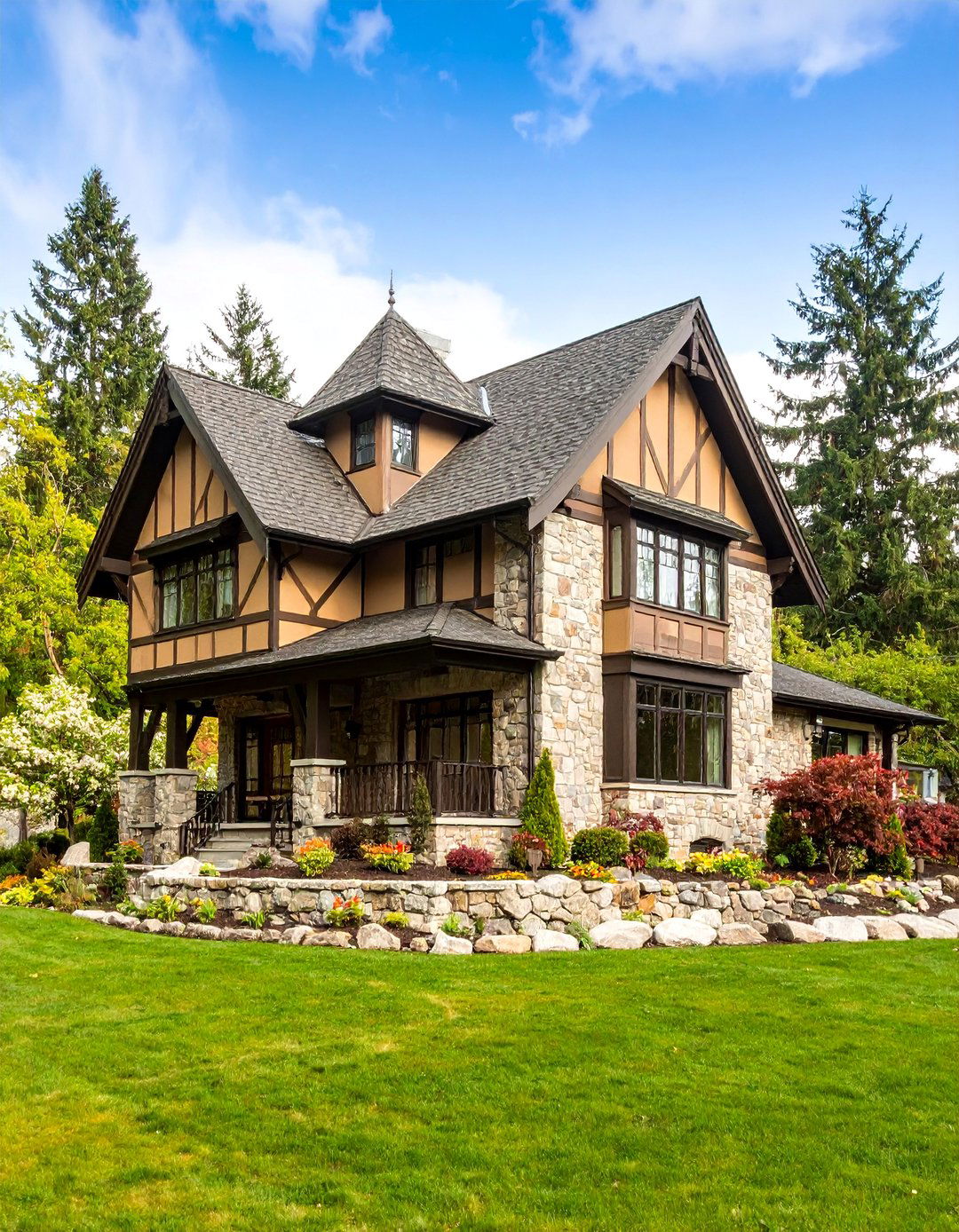 Tudor Style Beige Brick with Stone Details - 25 Beige Brick Exterior Home Ideas