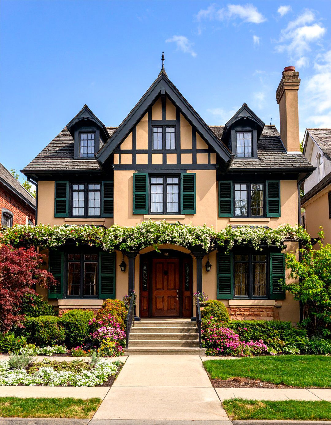 Tudor Style Tan House with Black Timber Accents - 25 Tan House With Black Trim Design Ideas