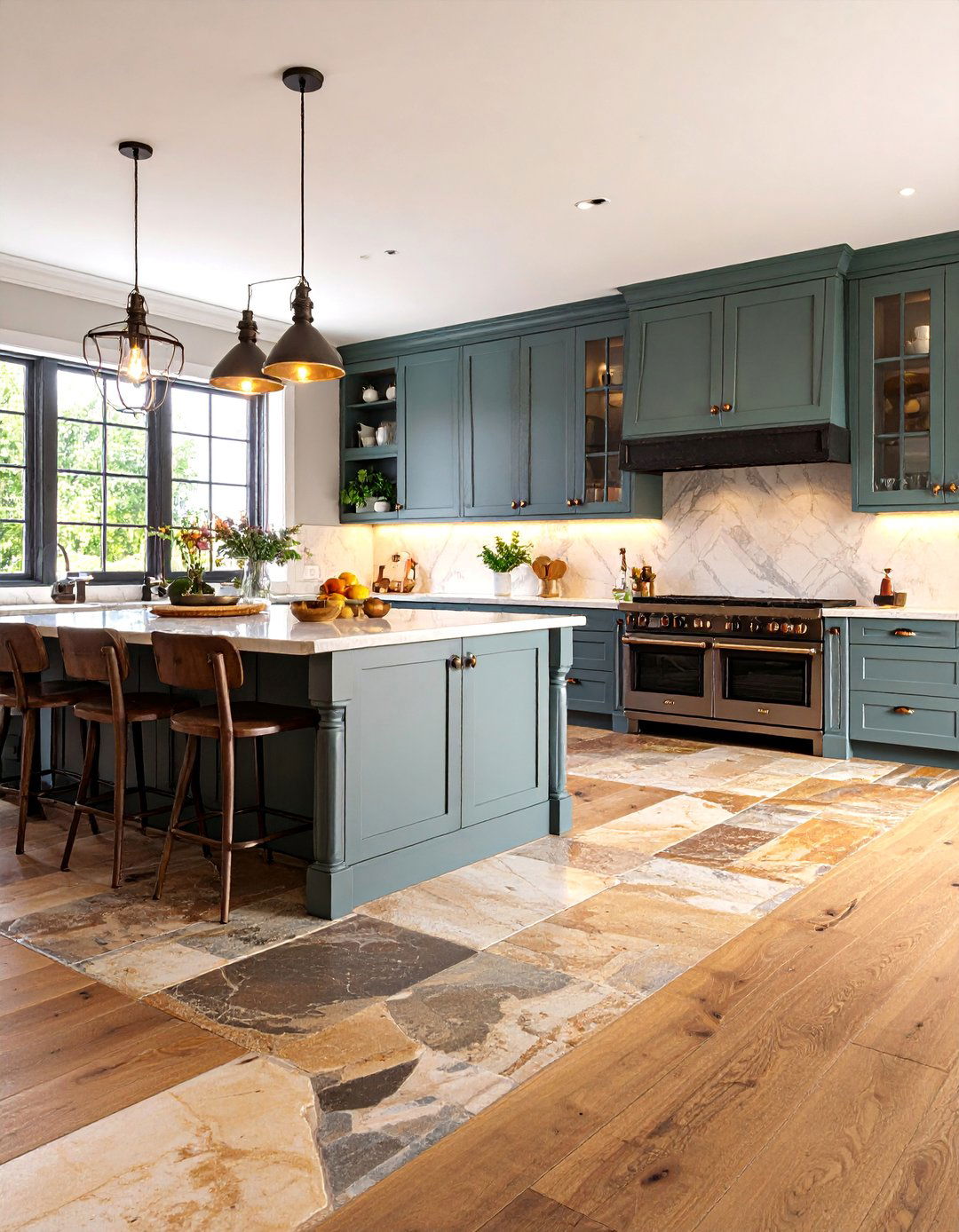 Tumbled Marble Kitchen Floor with Rustic Cabinet Pairing - 25 Marble Kitchen Floor Ideas