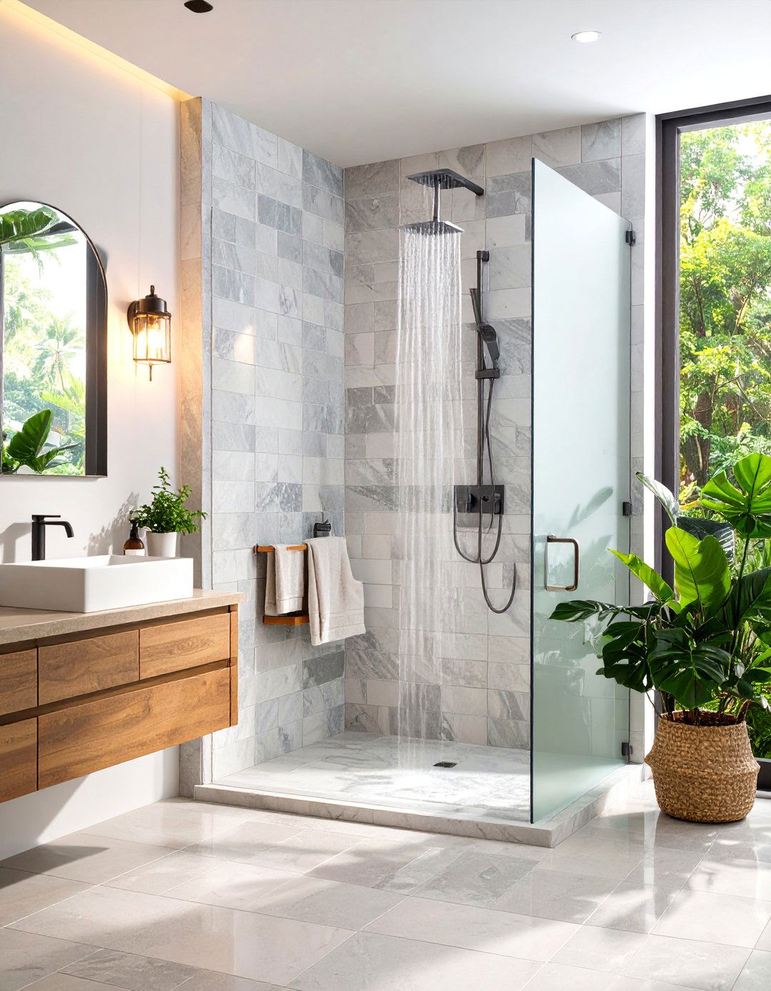 Tumbled Marble Subway Tile Shower with Vintage Modern Appeal - 25 Stone Shower Design Ideas