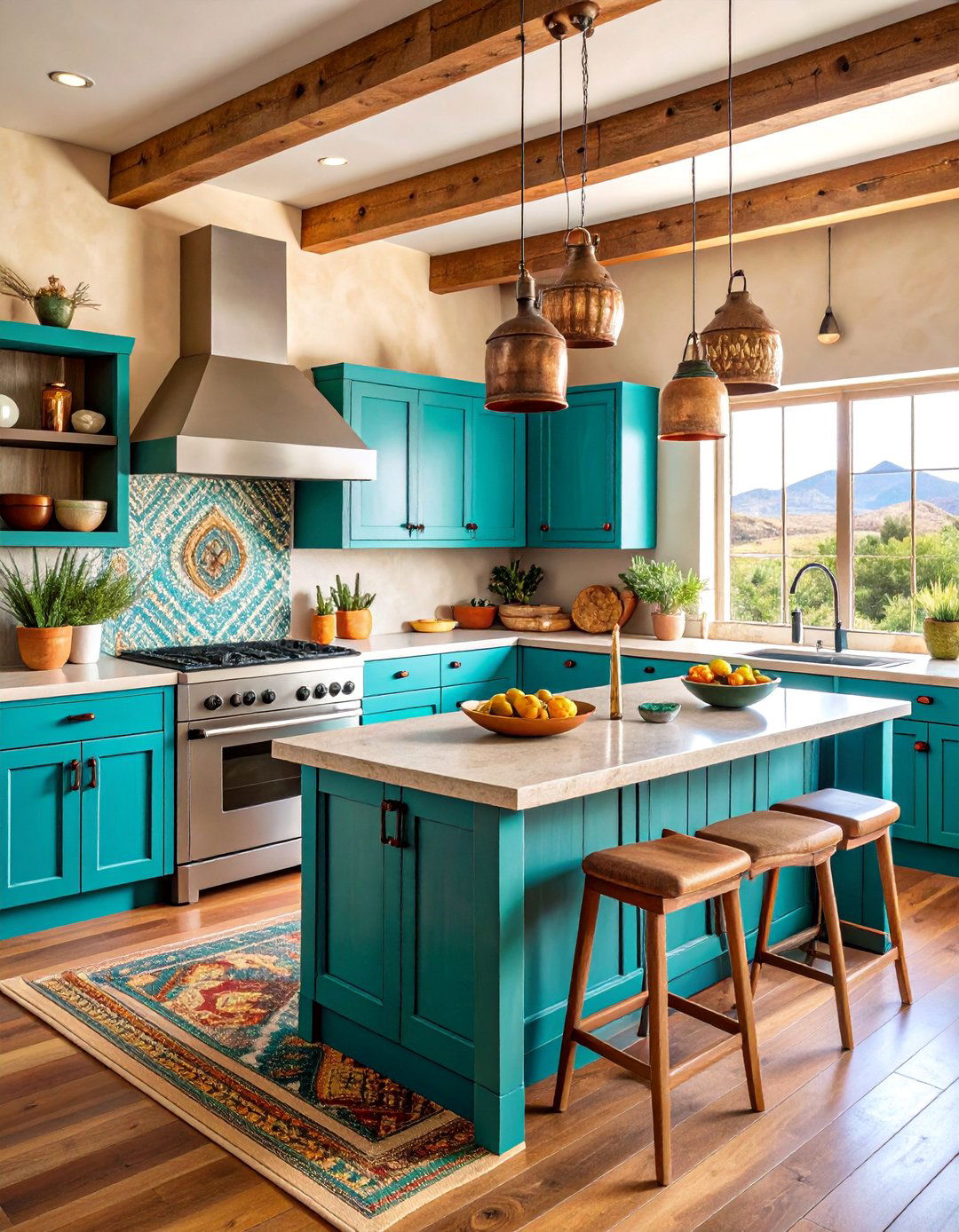 Turquoise Accent Kitchen with Desert Stone - 25 Southwestern Kitchen Ideas