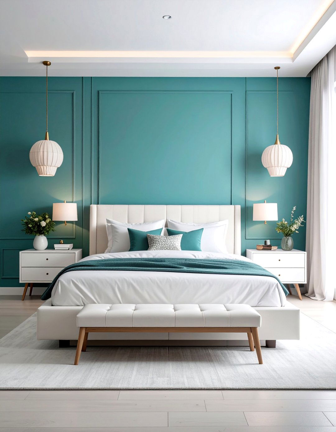 Turquoise Accent Wall with White Modern Furniture - 25 Turquoise Bedroom Ideas