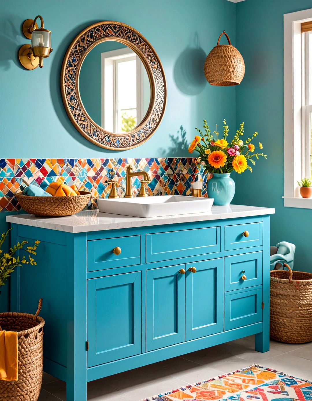 Turquoise Blue Bohemian Vanity with Mosaic Accents - 25 Blue Bathroom Vanity Ideas