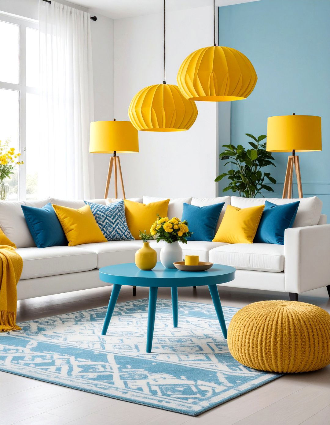 Turquoise Blue Coffee Table with Bright Yellow Floor Lamps - 25 Yellow and Blue Living Room Ideas