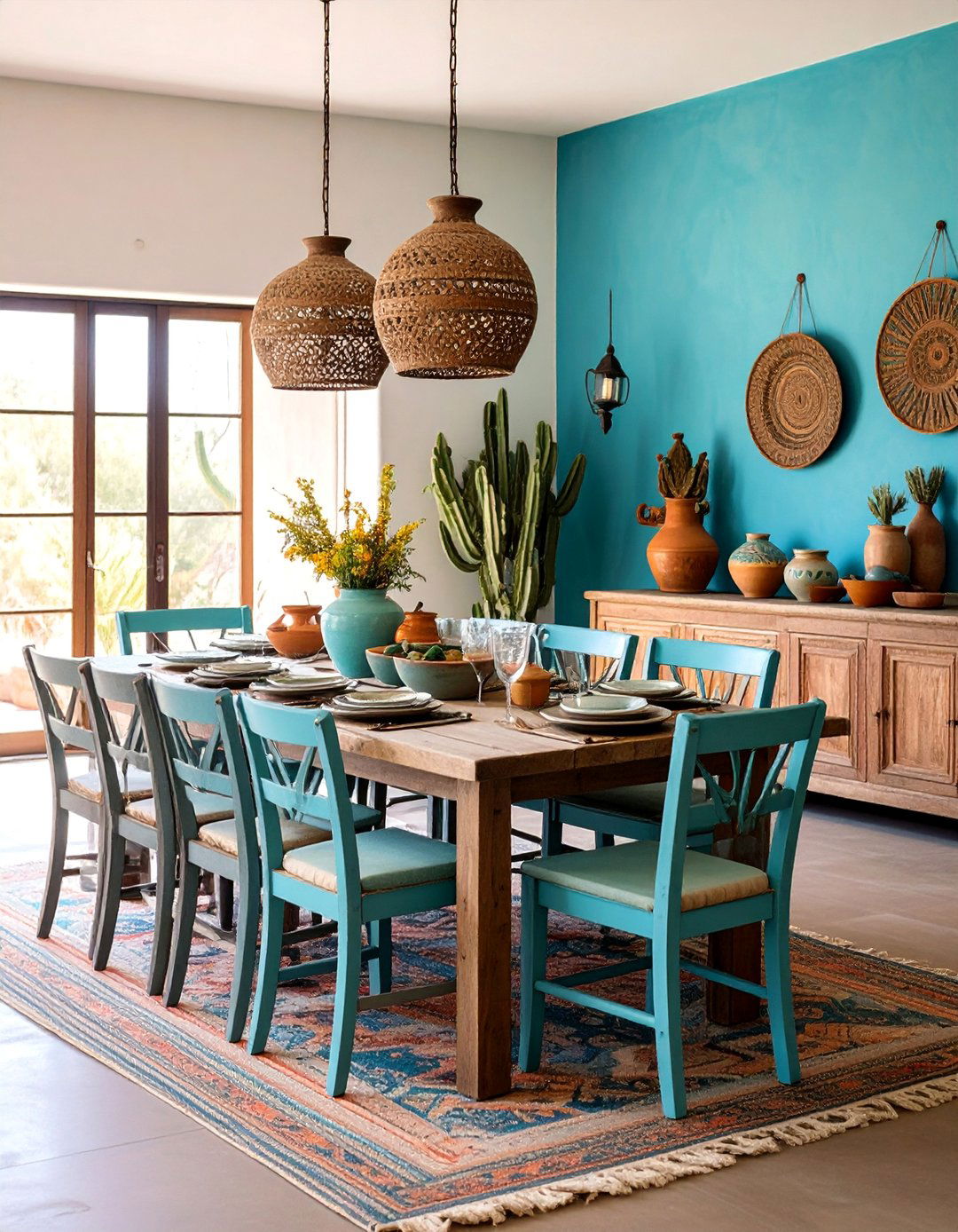 Turquoise Blue Southwestern Dining Room with Adobe Elements - 25 Blue Dining Room Ideas