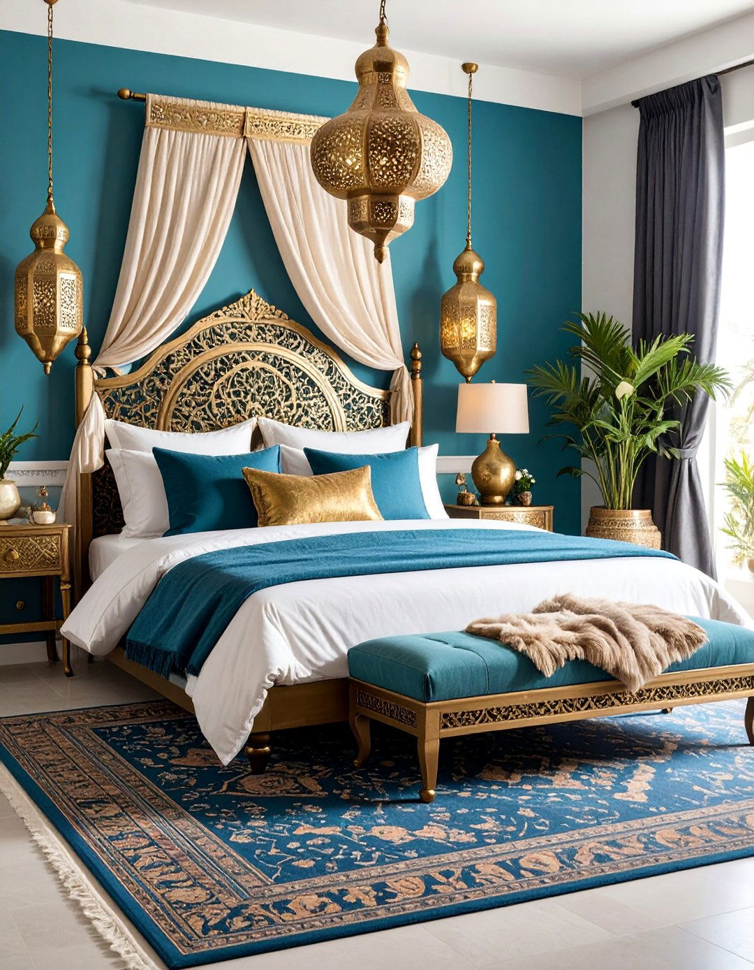 Turquoise Blue and Antique Gold Moroccan Bedroom - 25 Blue and Gold Bedroom Ideas