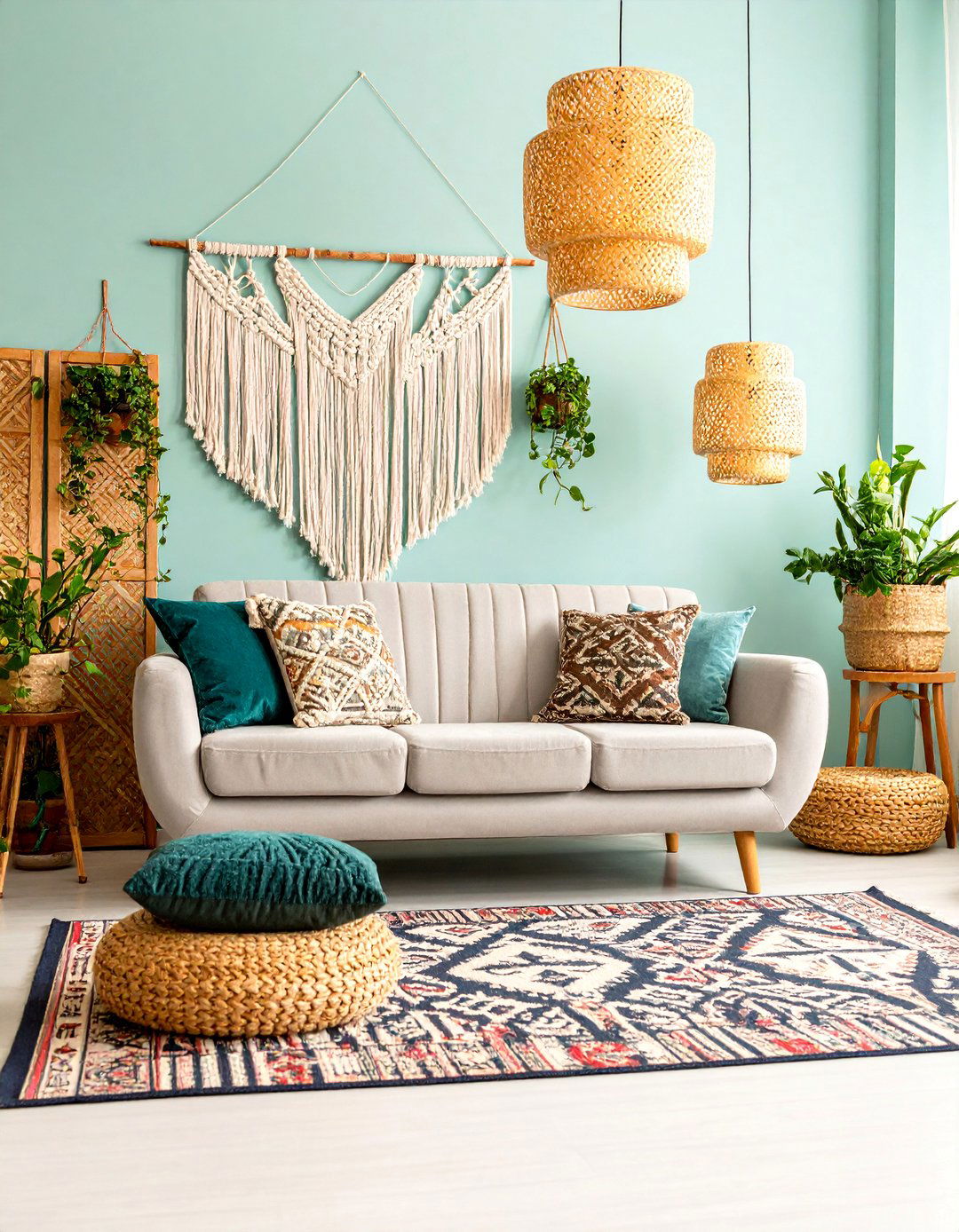 Turquoise Boho Living Room with Global Textiles - 25 Blue Living Room Ideas