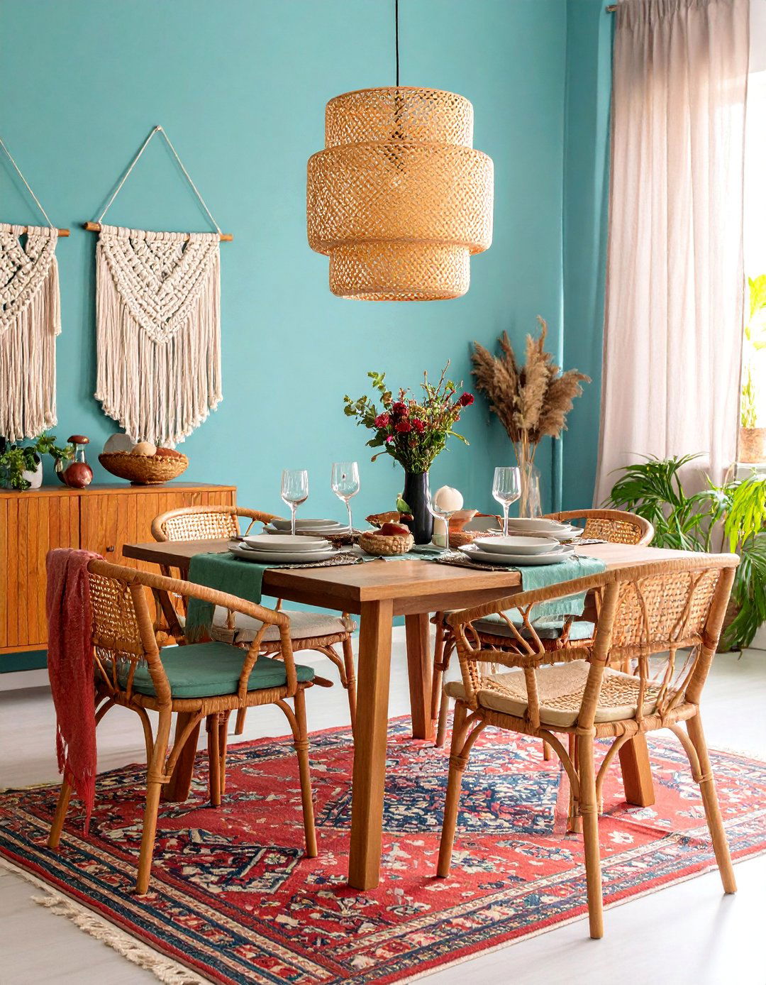 Turquoise Dining Room with Bohemian Accents - 25 Blue Accent Wall Ideas