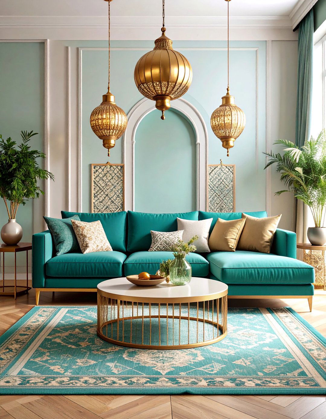 Turquoise Green and Warm Gold Mediterranean Living Room - 25 Green and Gold Living Room Ideas