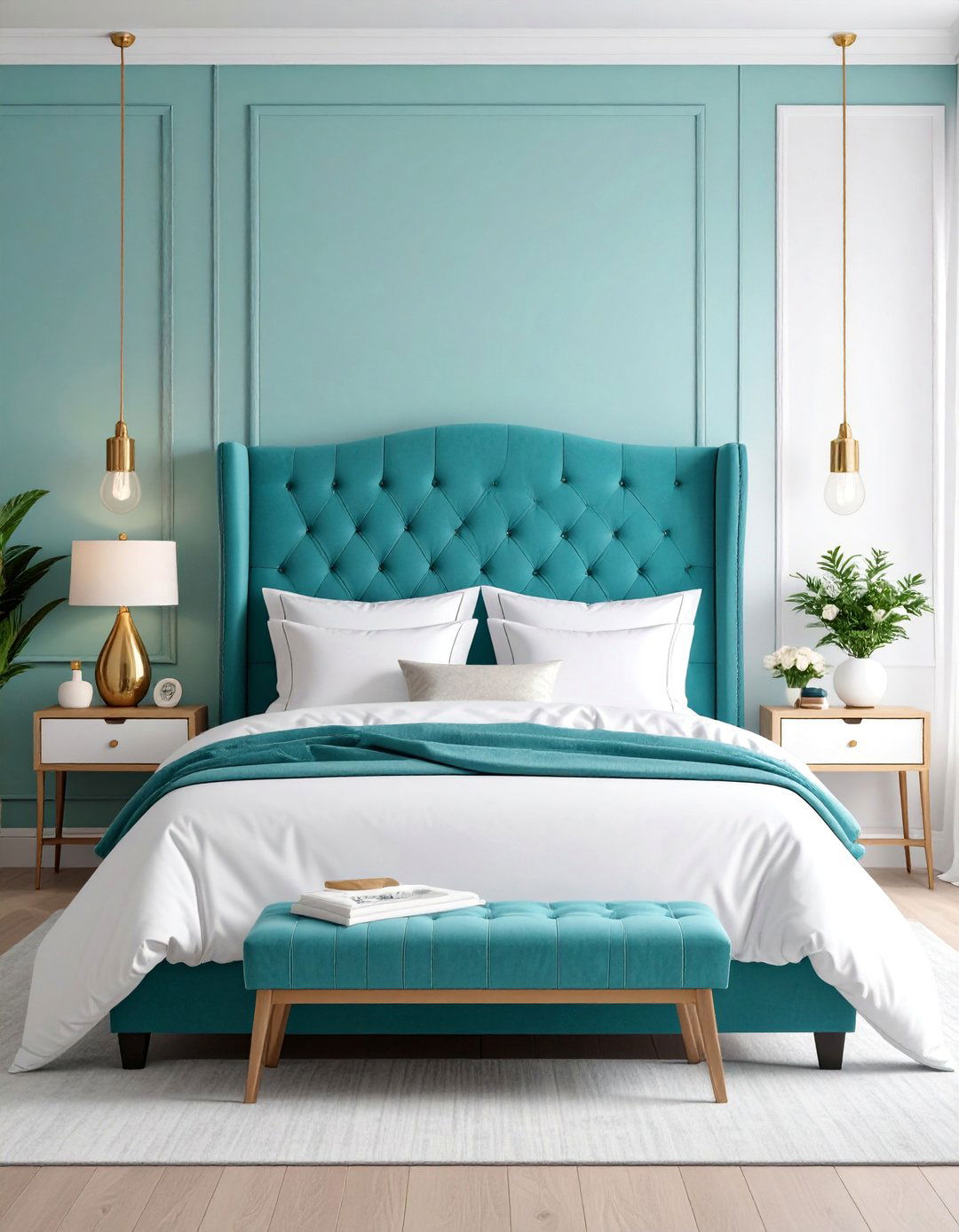 Turquoise Headboard Statement with Neutral Surroundings - 25 Turquoise Bedroom Ideas