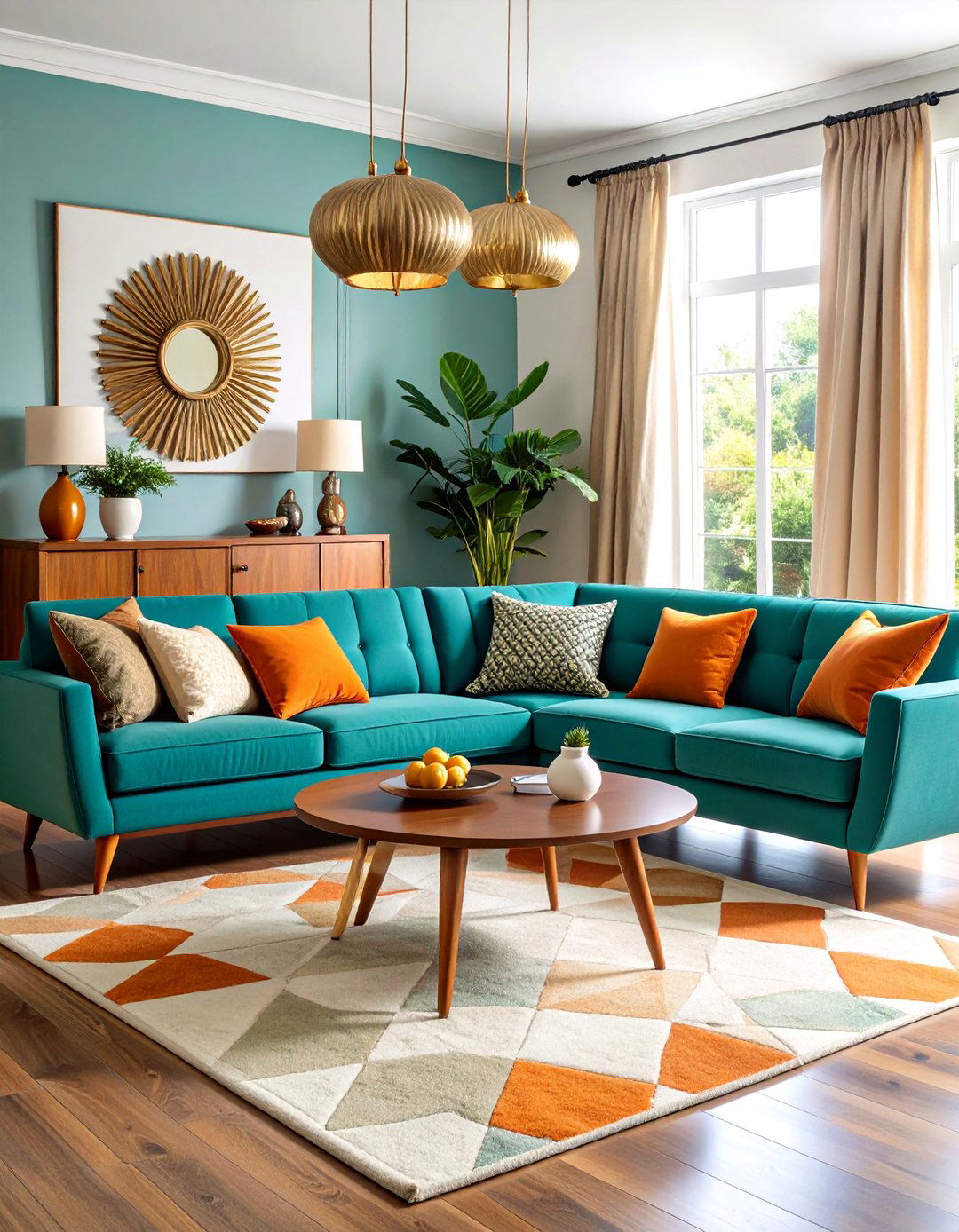 Turquoise Mid Century Modern Sofa with Walnut Furniture - 25 Blue Couch Living Room Ideas