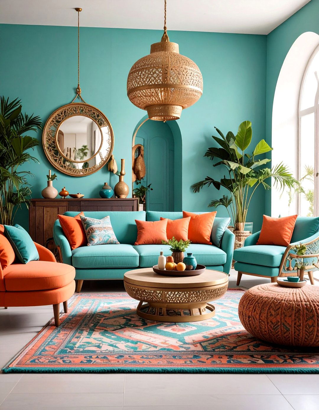 Turquoise and Coral Moroccan Living Room - 25 Bohemian Moroccan Living Room Ideas