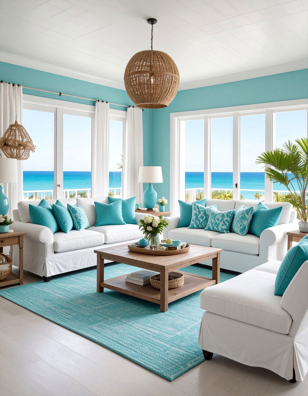 Turquoise and White Coastal Living Room - 25 Colorful Room Ideas