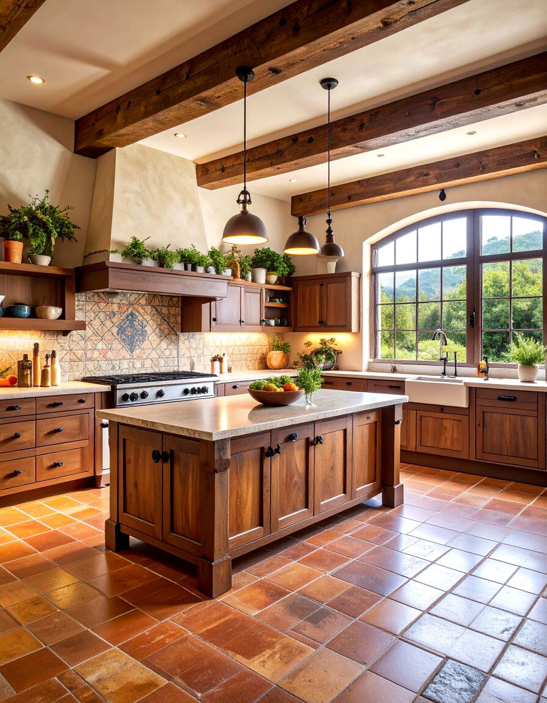 Tuscan Farmhouse Kitchen with Exposed Beams - 25 Mediterranean Kitchen Ideas