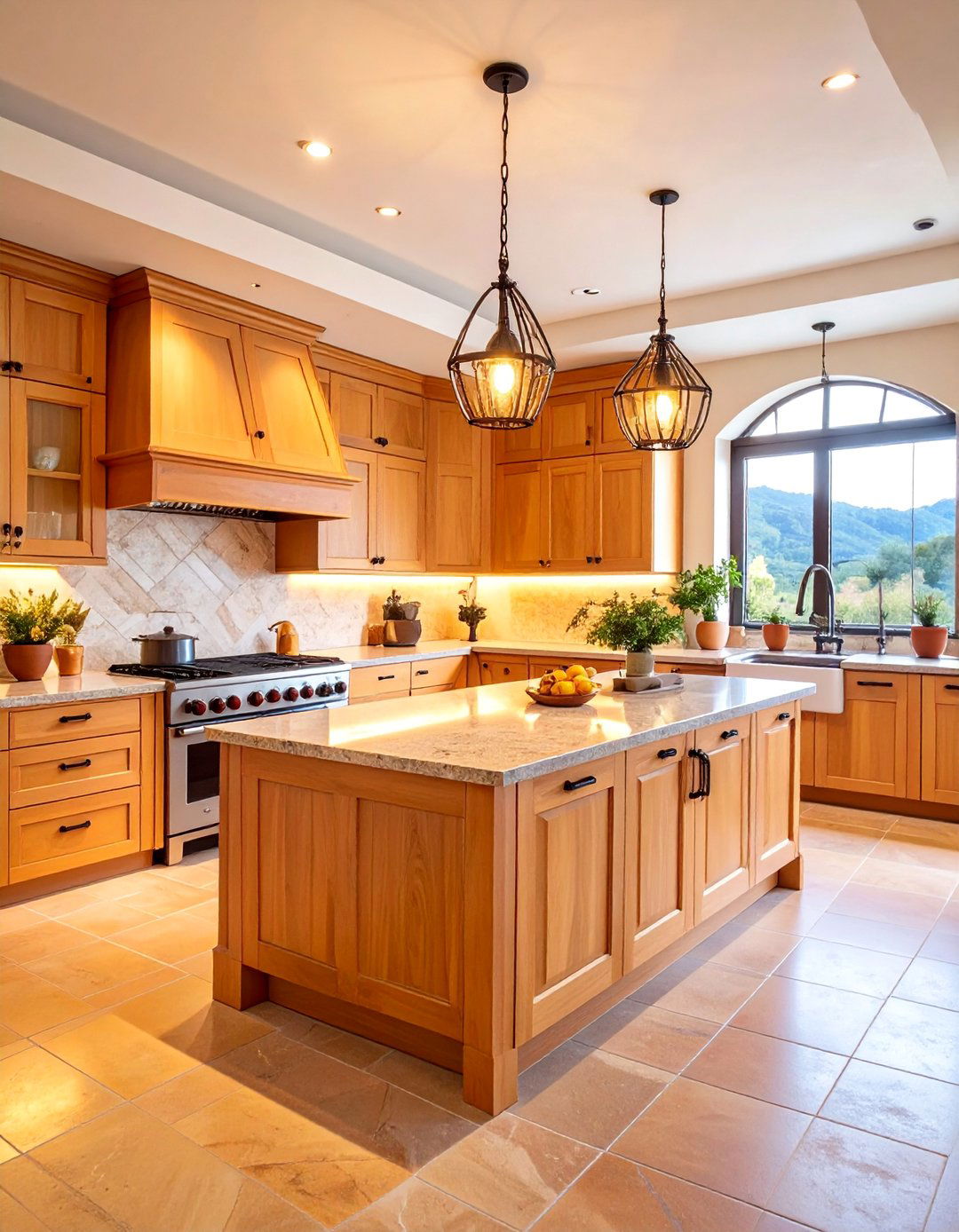 Tuscan Kitchen with Dark Travertine and Warm Honey Cabinets - 25 kitchen with dark countertops and light cabinets