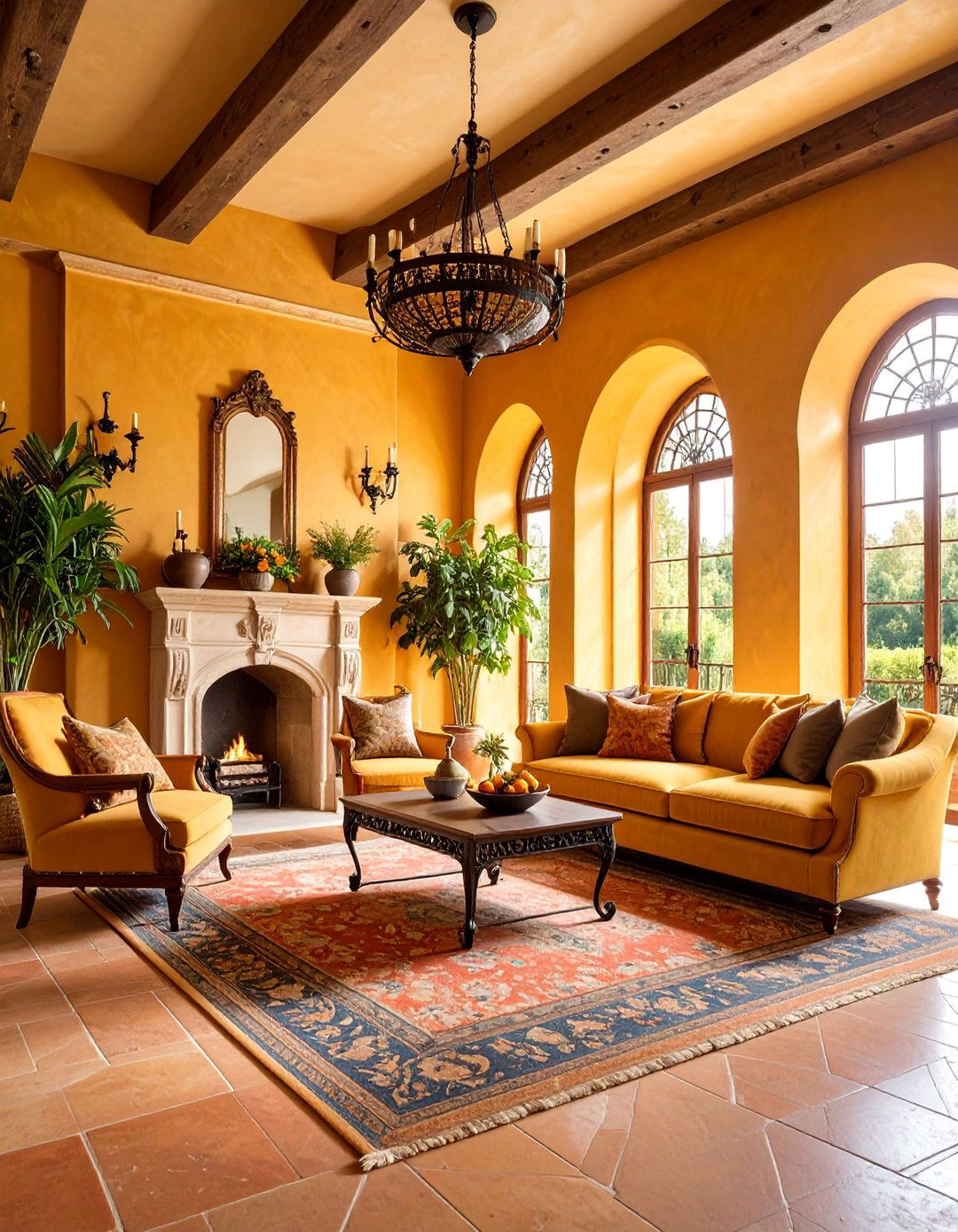 Tuscan Living Room with Aged Chestnut Beams - 25 Exposed Beam Living Room Ideas