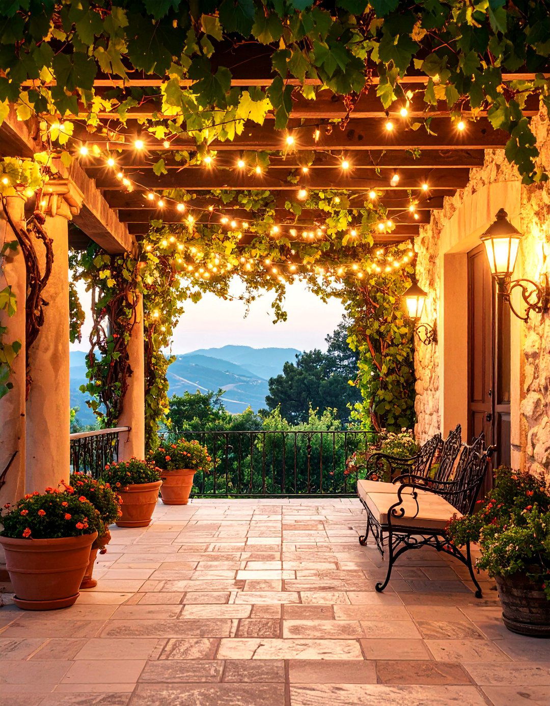 Tuscan Villa Stone Porch with Pergola - 25 Stone Porch Ideas