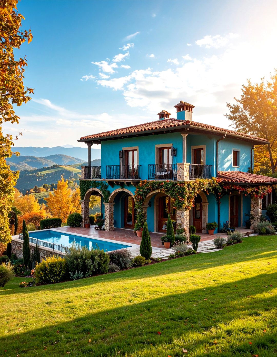 Tuscan Villa with Teal Stucco and Cypress Accents - 25 Teal House Exterior Ideas