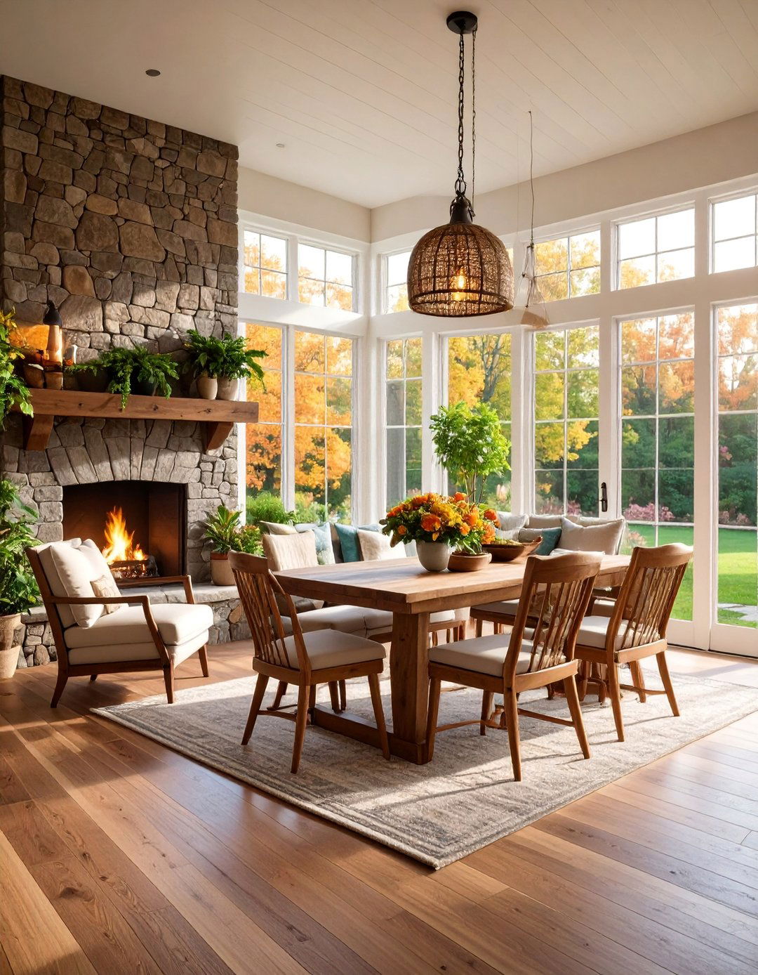 Two Sided Fireplace Sunroom with Dining Integration - 25 Sunroom With Fireplace