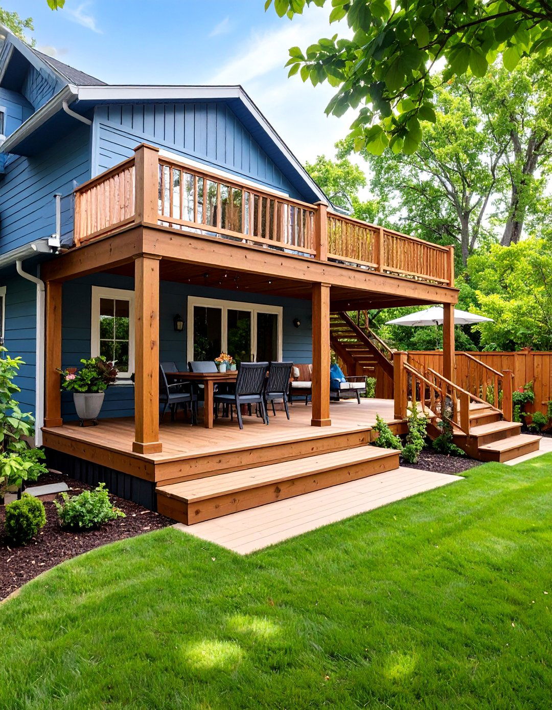 Two Story Wood Deck with Upper Dining Area - 25 Wood Deck Ideas