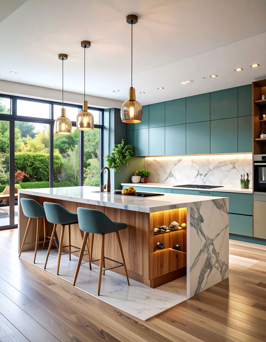 Two Tier Marble Island with Breakfast Bar - 25 Marble Kitchen Island Ideas