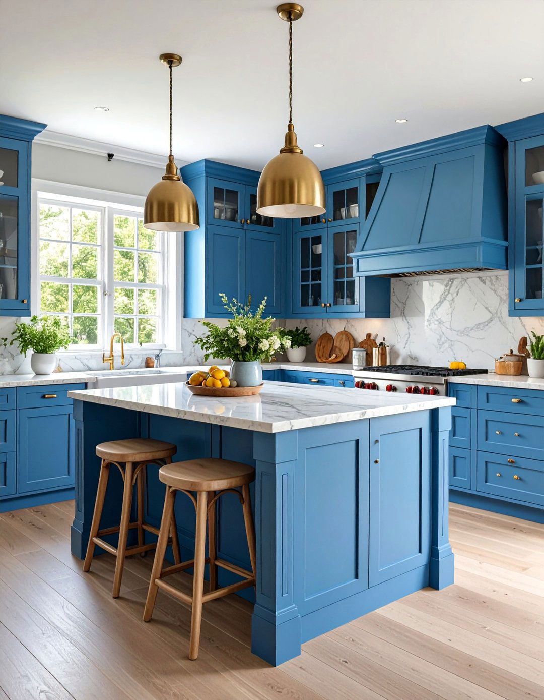 Two Tone Blue Kitchen with Breakfast Nook Seating - 25 Blue French Country Kitchen Ideas