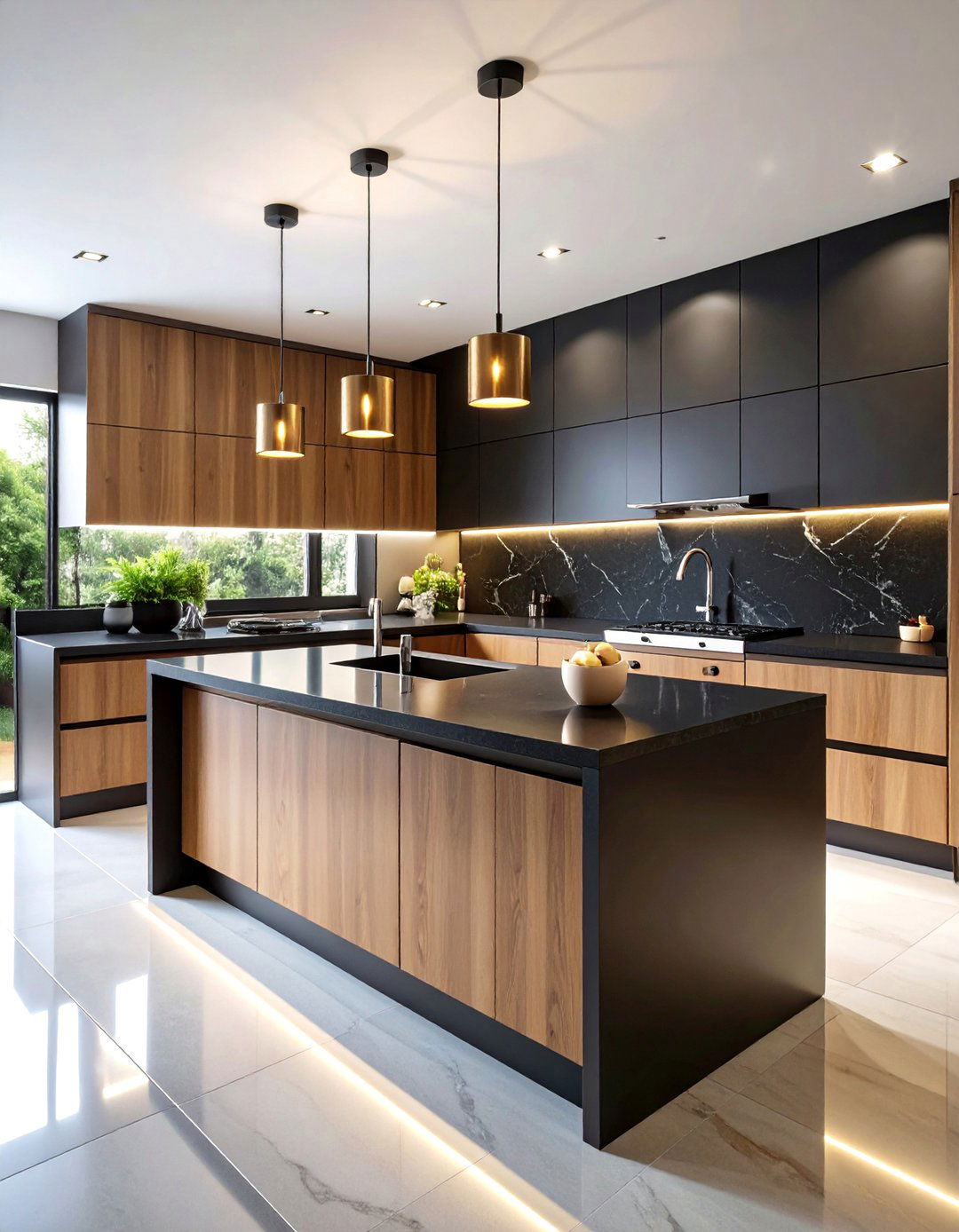 Two Tone Design with Light Brown Island and Black Quartz - 25 Brown Kitchen Cabinets With Black Countertops