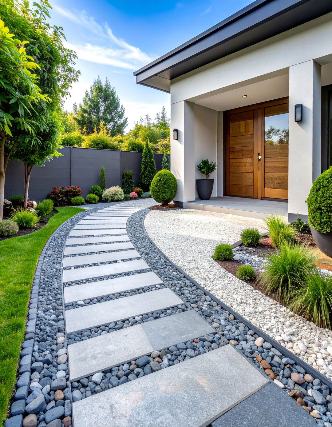 Two Tone Gravel Driveway with Contrasting Color Bands - 25 Gravel Driveway Ideas