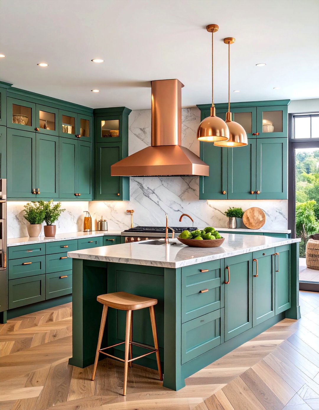 Two Tone Green with Copper Range Hood - 25 Green and Copper Kitchen Ideas