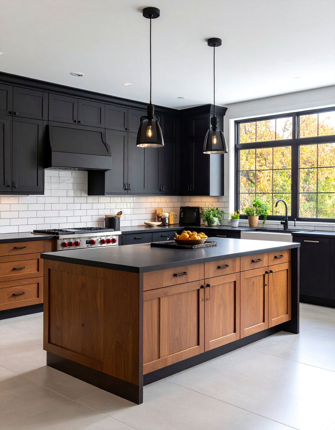 Two Tone Kitchen Design with Black Upper and Brown Lower Cabinets - 25 Black and Brown Kitchen Ideas