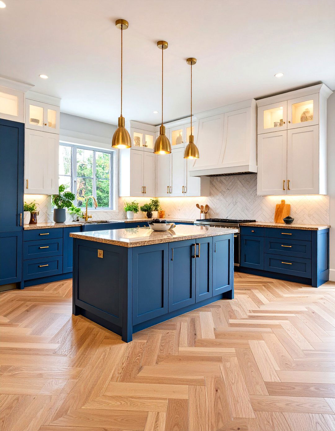 Two Tone Kitchen with Blue Lower Cabinets and White Uppers - 25 blue kitchen cabinets with brown granite countertops