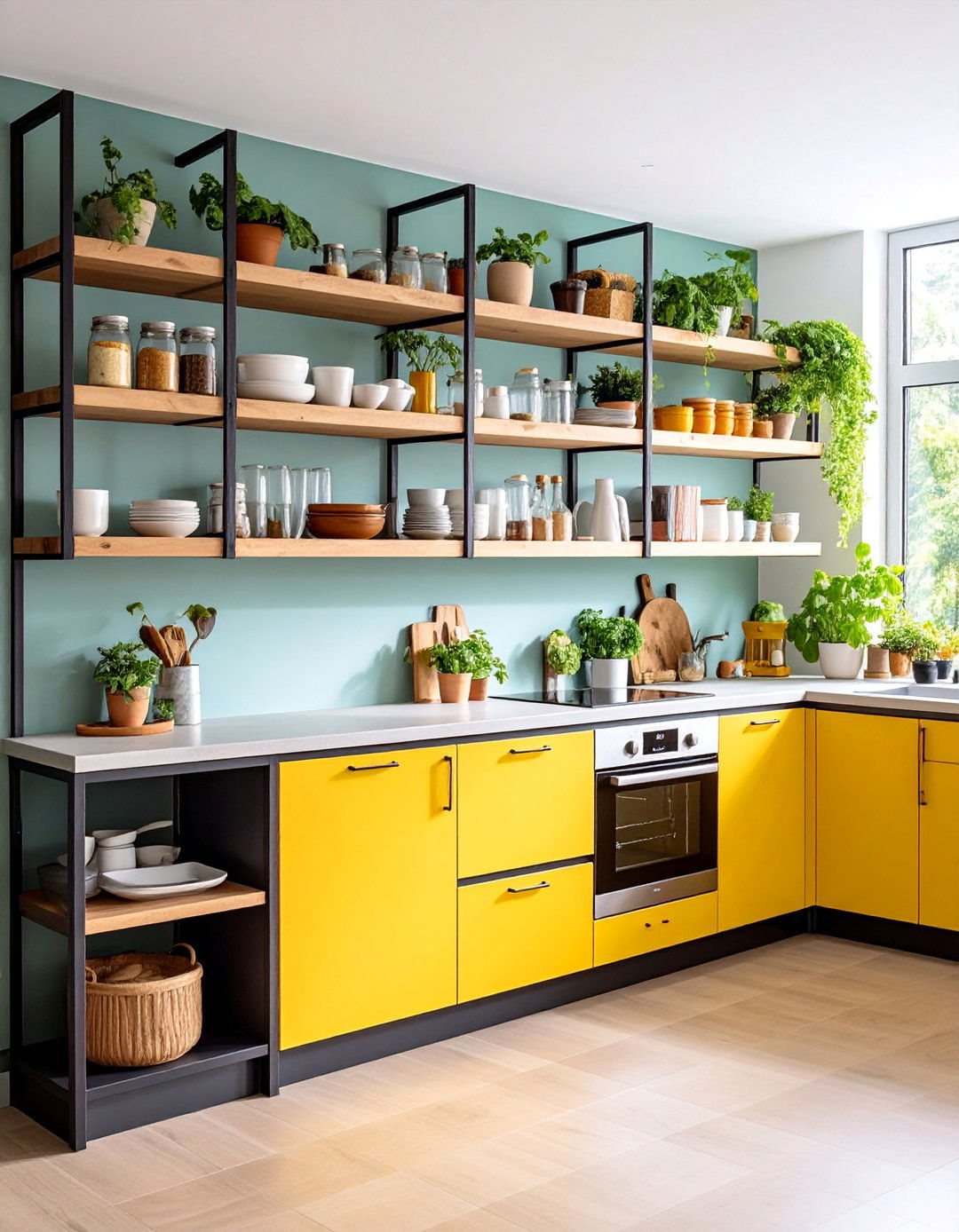 Two Tone Open Shelving with Mixed Materials - 25 Open Shelving Kitchen Ideas